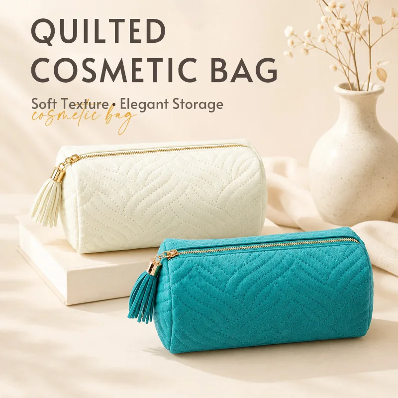 Velvet Quilted Makeup Bag, Premium Tassel Cosmetic Pouch, Multifunctional Velvet Toiletry Organizer Bag for Travel
