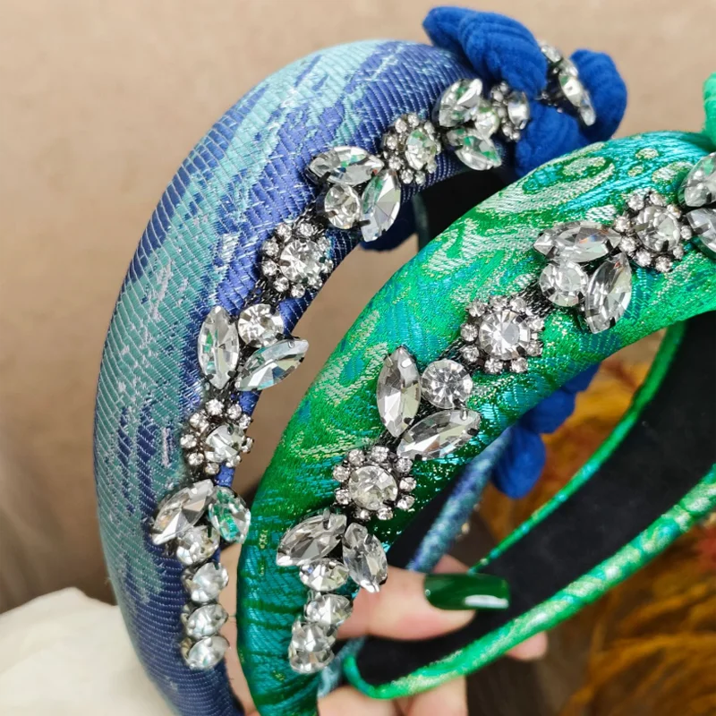 Jacquard Fabric Headband with Diamonds Flowers Cute Cartoon Wide Hair Hoop Vintage Chinese Style Hair Accessories and Headwear