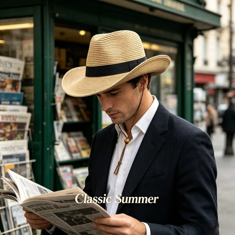Summer Men's Straw Hat with Wide Edge Sun Protection Hat Suitable for Seaside Vacations Camping and Leisure Outings