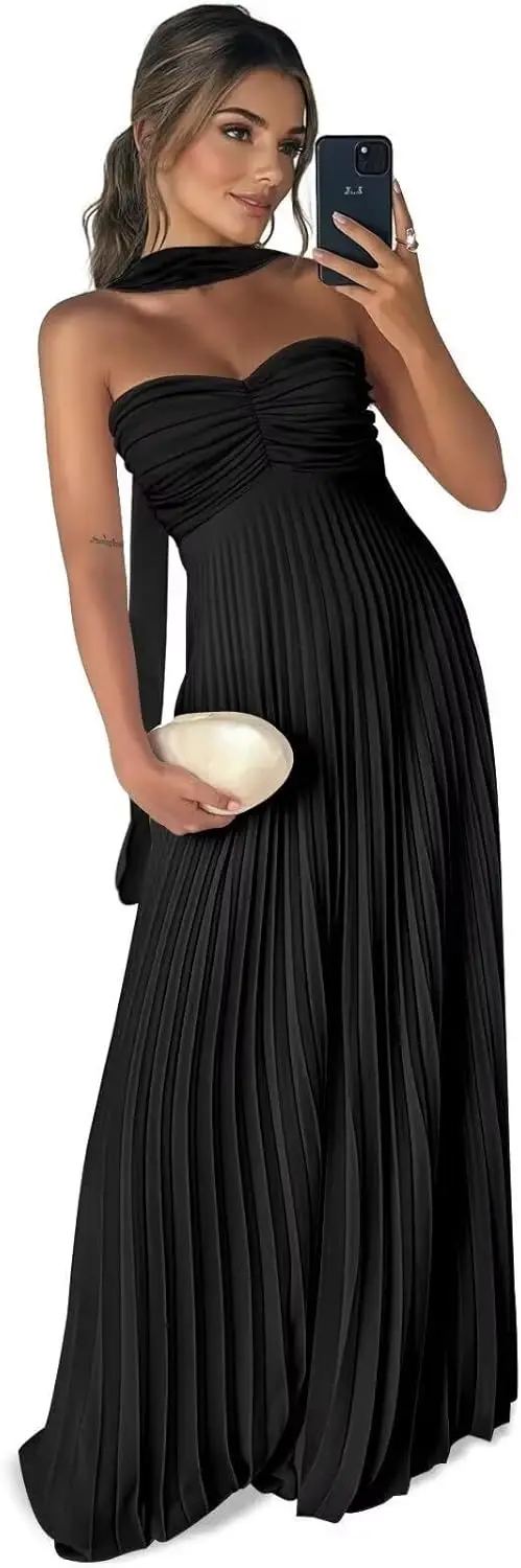 Lange Chiffon-Brautjungfernkleider für Damen, plissiertes, trägerloses Maxi-Abendkleid mit langem Schal