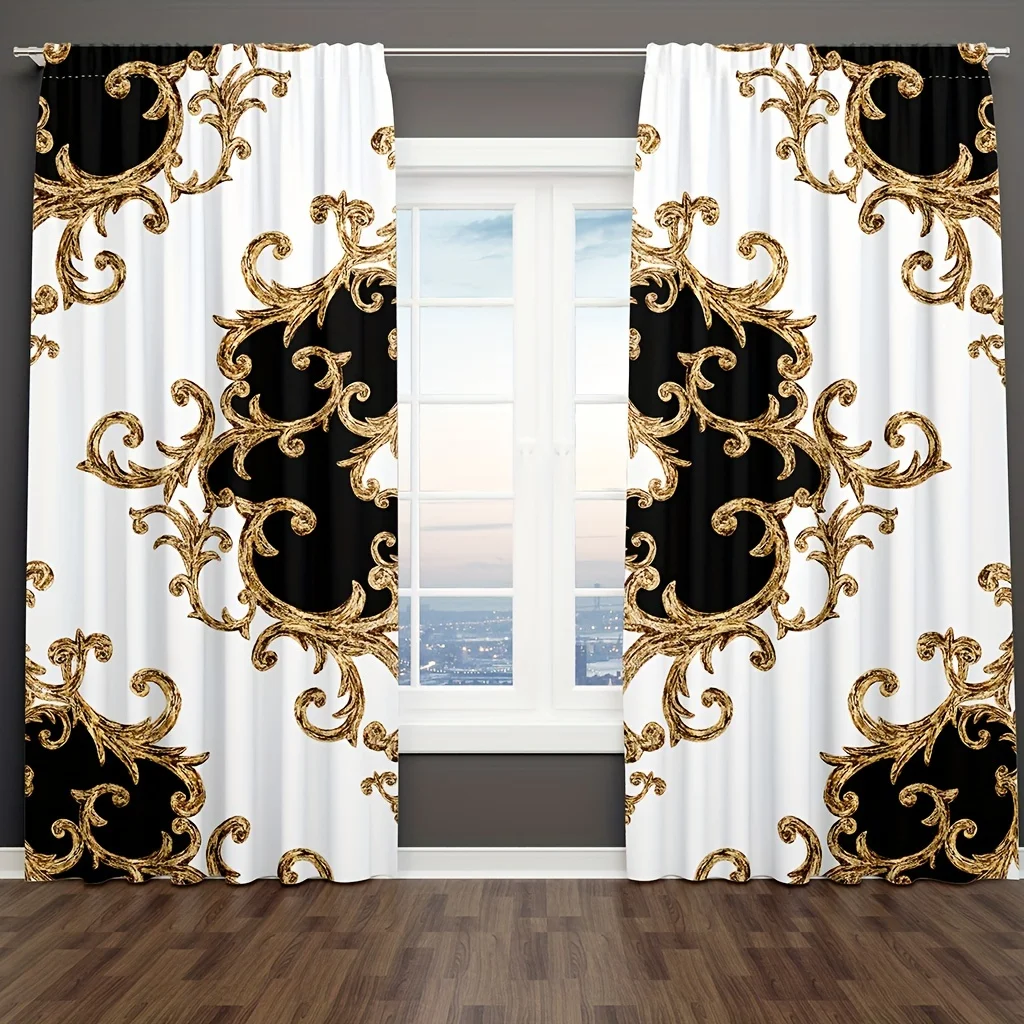 2pcs Gorgeous Golden Flowers Printed Curtain For Home Decor Rod Pocket Window Treatment For Bedroom Office Kitchen Living Room