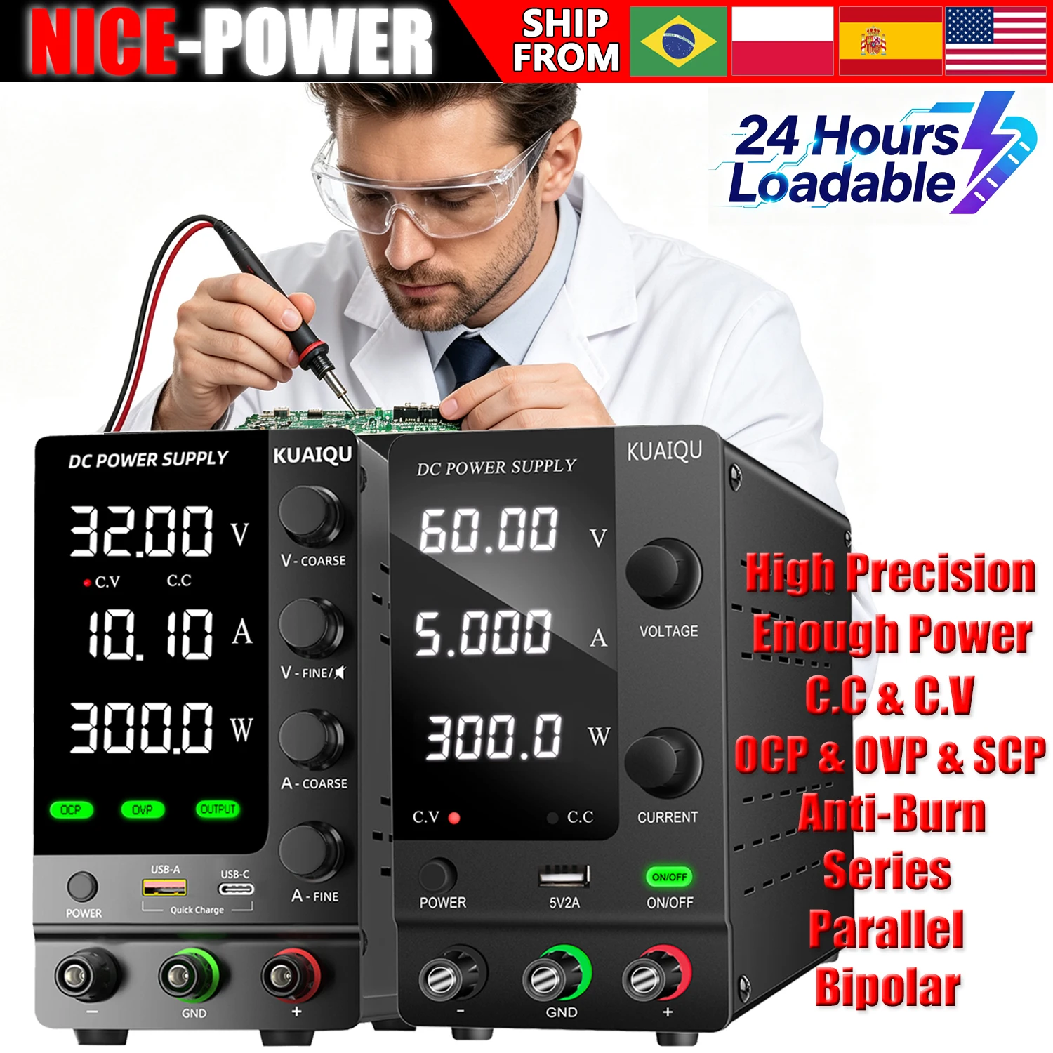 KUAIQU DC Labor-Netzteil, 30V 60V 120V Tischnetzteil mit OCP/OVP/SCP/AUSGANG, Einstellbarer Spannungsregler, Schnelles Laden