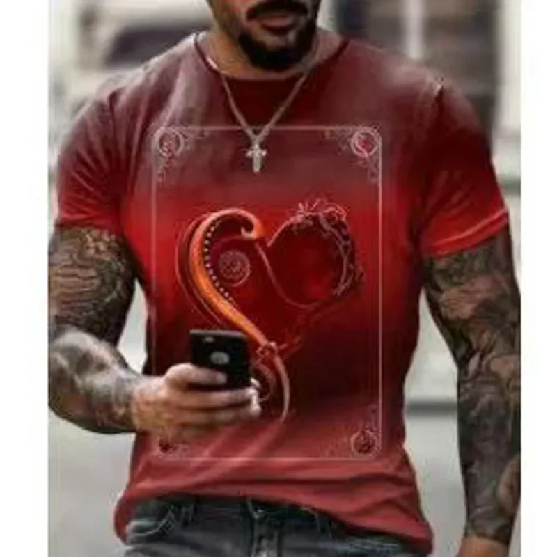 Fashion Men Cool Oversized T-shirts Harajuku Streetwear 3d Heart Shaped Poker Print Red Summer Top 2024