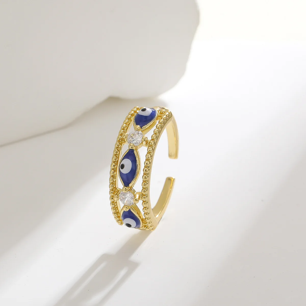 

Винтажное кольцо с оберегом от сглаза для женщин, медное, с инкрустацией цирконами и эмалью, регулируемое, открытое