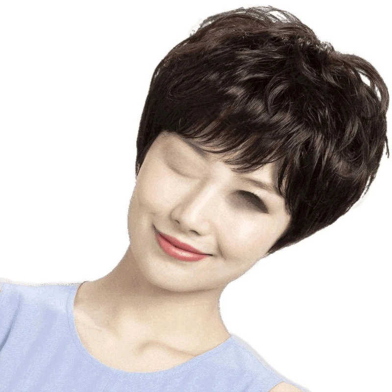 

Full head cover Female real Short hair Real Natural middle-aged and elderly women Short curly hair Mom wig cover