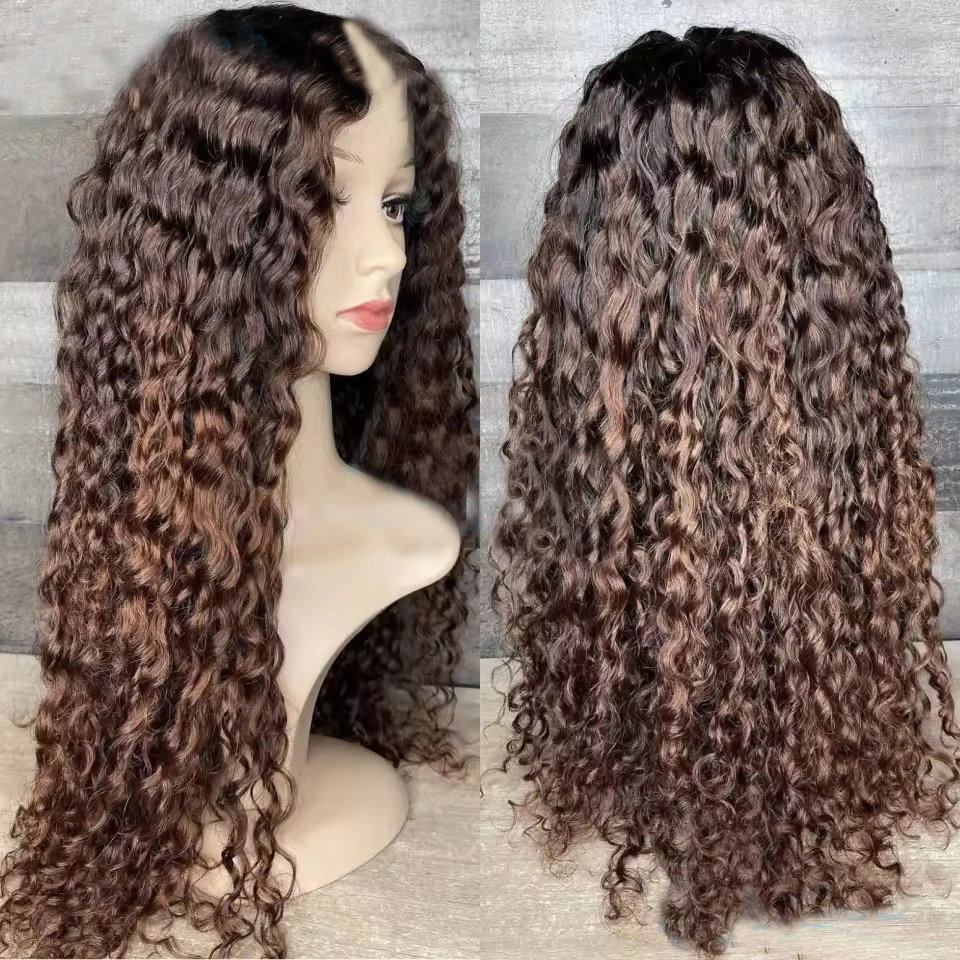 

Highlight Balayag Bouncy Curly V Part Human Hair Honey Ash Brown Blonde Water Wave U Shaped Wig Full Machine Made 200Density Wig