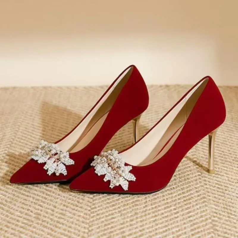 

Luxury Women's Pointed Suede High Heels, Office Single Shoes, Burgundy Wedding High-heeled Shoes, Party Shoes