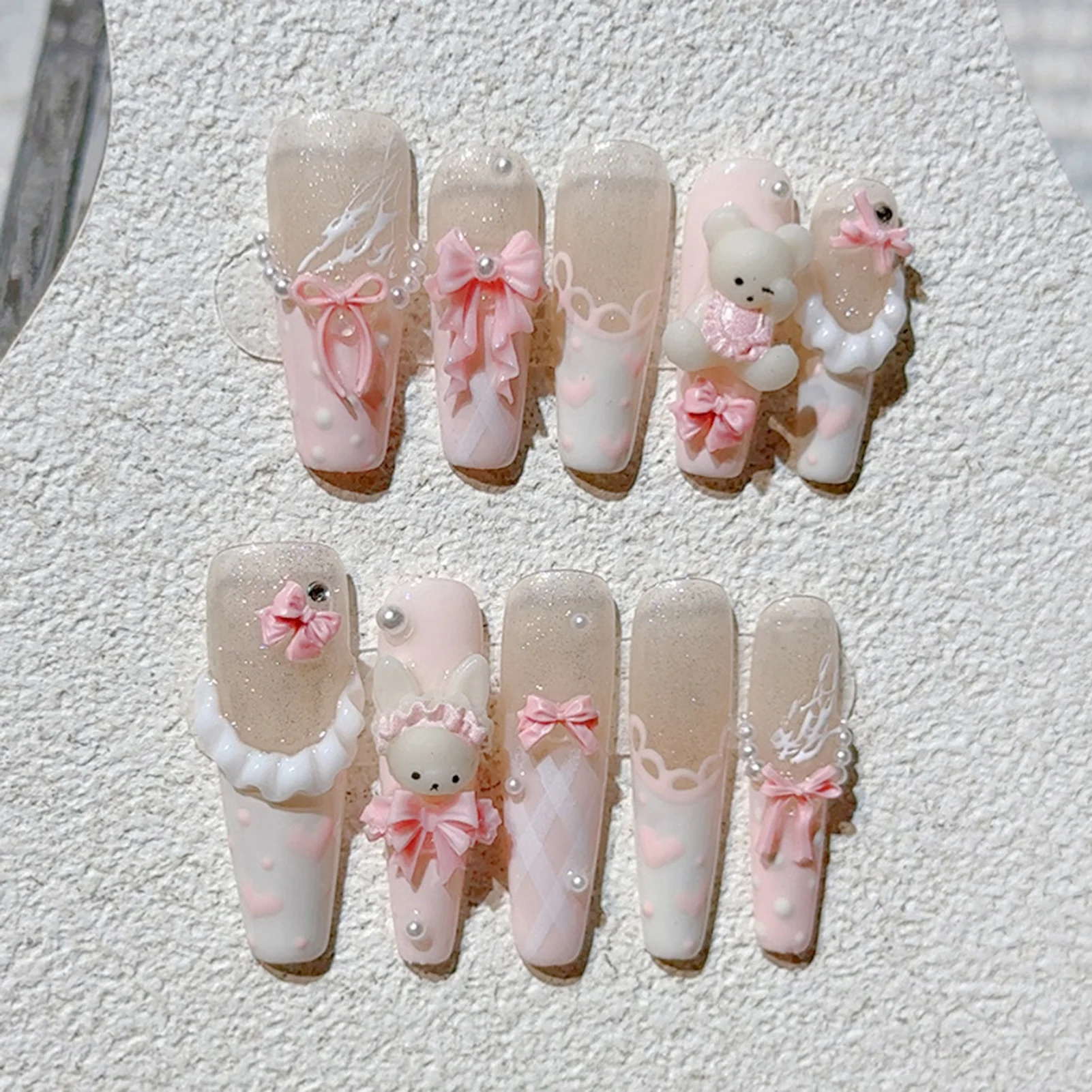10Pcs Cute Pink Sugar Bear Fake Nails with Bowknot Decals Long T Shaped Handmade False Nails for Women Girls Party Wearing