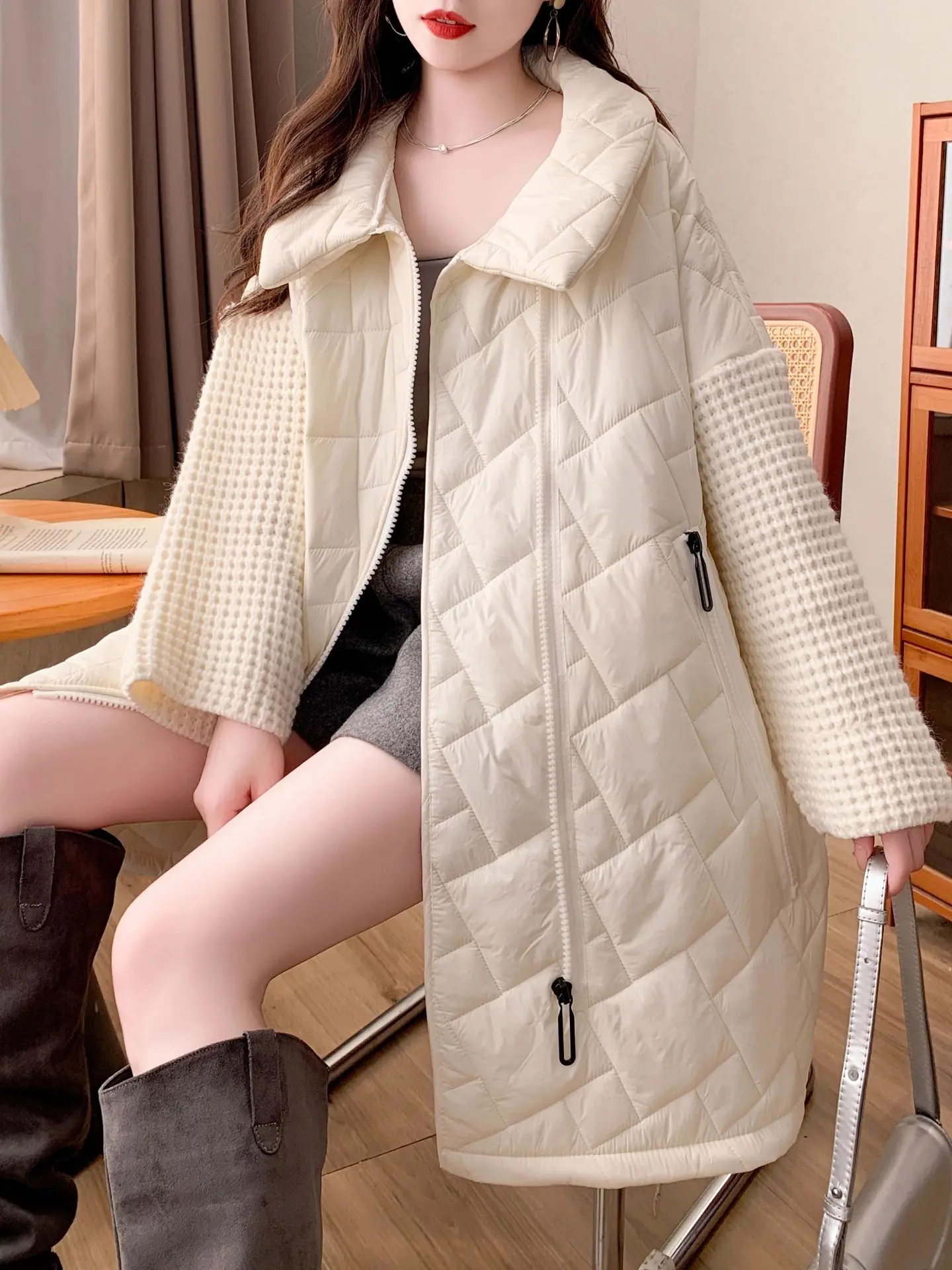 

Unique Sli Thiened Medium-Length Spliced Diamond Pattern Cotton Jaet Women's Autumn Winter New Large Size Open Cardig...