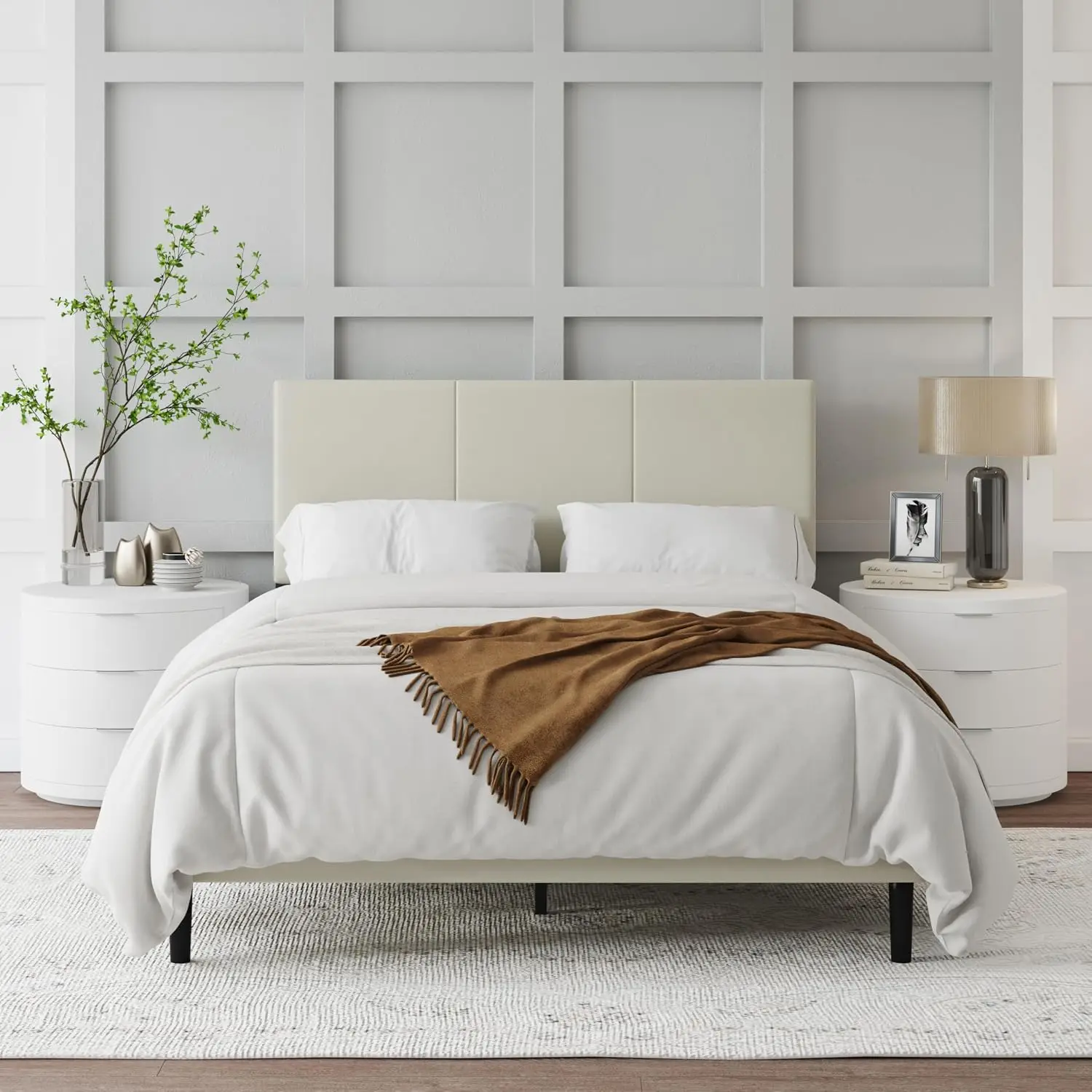 Full Size Bed Frame with Upholstered Headboard, Sturdy Wood Slats, No Box Spring Required, Silent, Easy, Customized