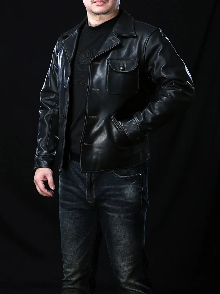 YR!Free shipping.Black oil wax horsehide jacket,Mens classic safari style leather coat.quality vintage leather clothing.