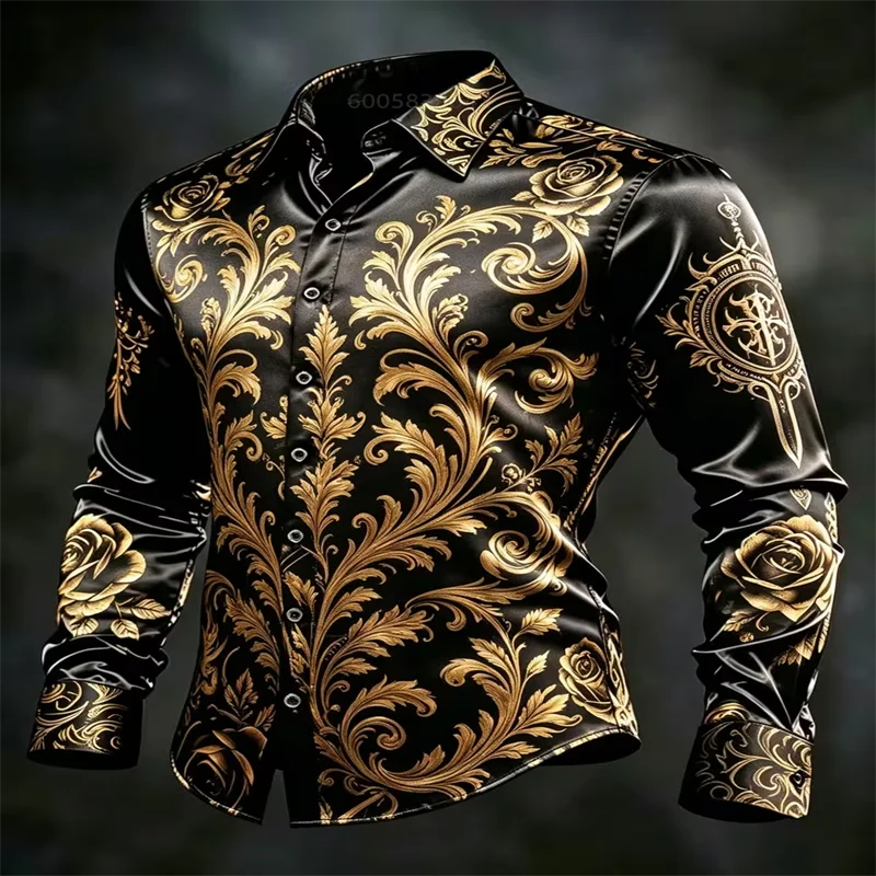 Men Satin Long Sleeve Dress Shirt Golden Baroque Rose Floral Print Button‑Down Turn‑Down Collar Male Party Banquet Formal Casual