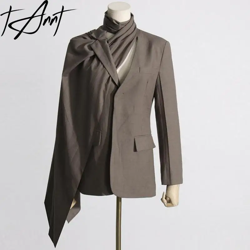 

Tannt Women Blazer Irregular Scarf Collar Coffee Black Chic And Elegant Woman Jacket Asymmetry Hollow Out Fashion Suit Coats