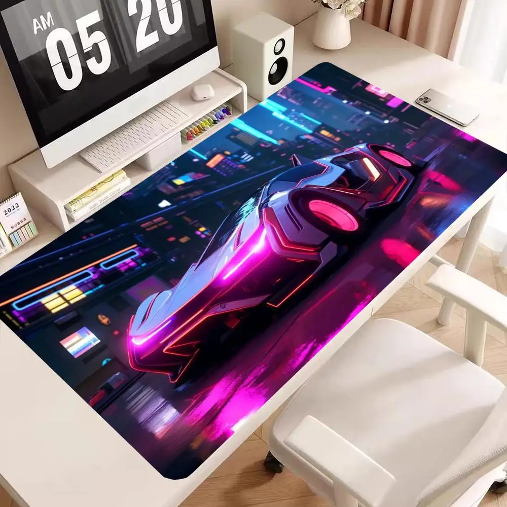 

A futuristic supercar in a neon cityffice SetupsNon-slip rubber bottom washable mouse pad suitable for work and gaming and offic