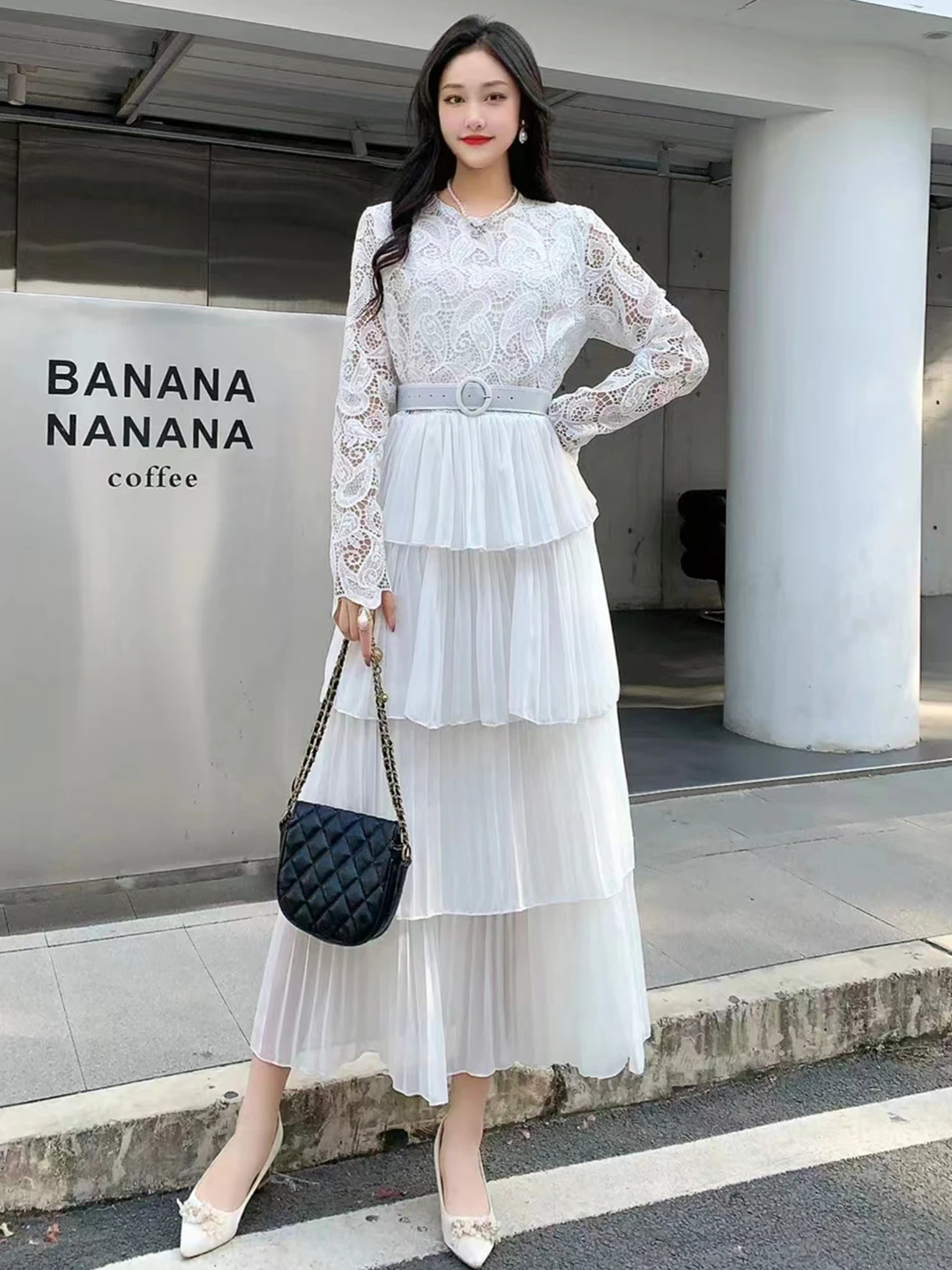 2024 New Spring Autumn Women Long Sleeve Belt Slim Long Dress High Quality Lace Patchwork Pleated Cake Hem Sweet Party Dress