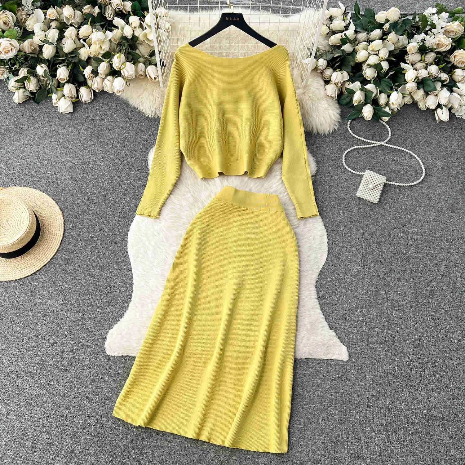 

Women Autumn Winter Knit 2 Pieces Set Solid Slash Neck Long Sleeve Short Sweater Top and Elastic Waist A Line Midi Skirt Suits