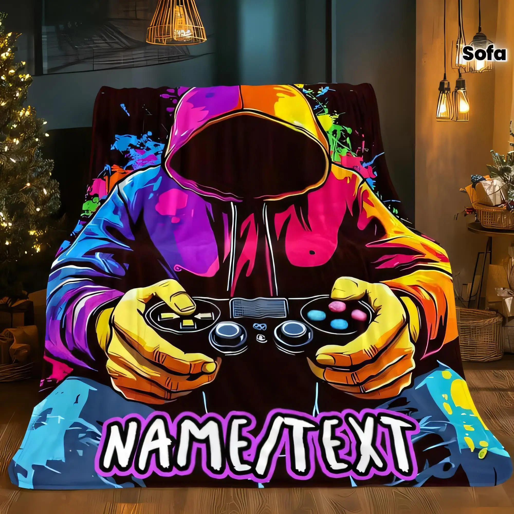 Lebendige Decke im Pop-Art-Stil, anpassbarer Kapuzenpullover, Gamer-Überwurf, buntes Graffiti-Design, weiche, gemütliche Dekoration für Sofa, Bett, perfekt für