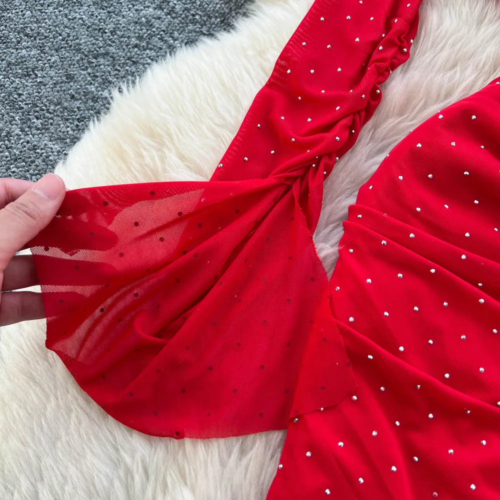 Vestido lápiz Retro elegante con cuello oblicuo y volantes, manga larga, cintura alta, ropa de mujer, vestidos de ceremonia