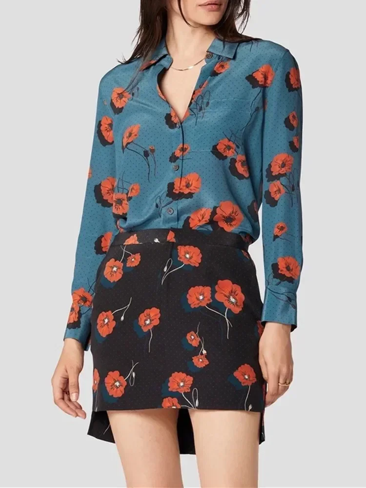 

Floral Print Women Turn-down Collar Shirt Vintage 100% Silk One Pocket Loose Chemise Single Breasted Blouse for Female