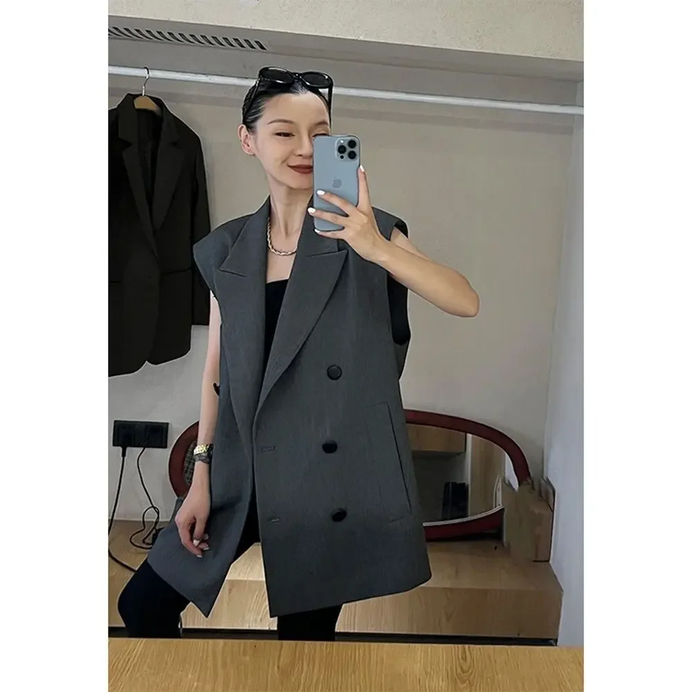 Blazer Frauen ärmellose Jacke Anzug Westen Luxusmarke Strickjacke hochwertige Anzug gefüttert koreanischen Chic Zweireiher Blazer Mujer