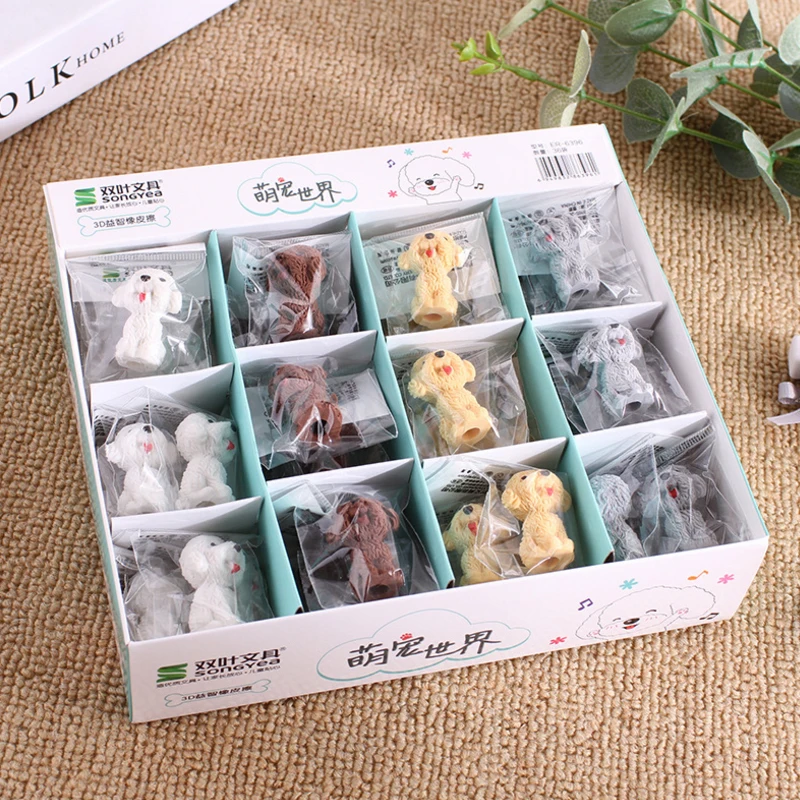 4pc/lot Kawaii Teddy dog eraser Cartoon animals pet rubber eraser can be put on the pen school supplies kids gifts