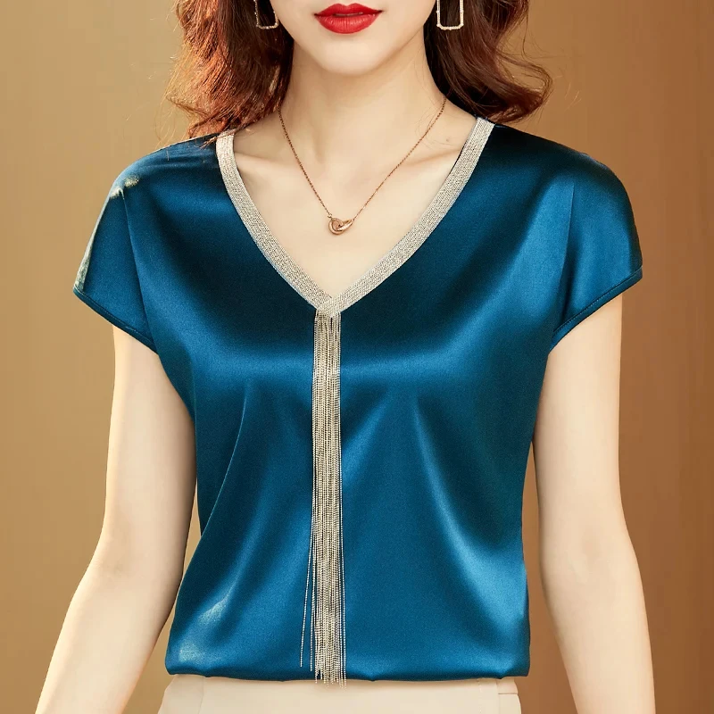 Summer Fashion Satin Short Sleeve Shirts and Blouses for Women V-neck Elegant Woman Casual Solid Office Lady Loose Tops 15494