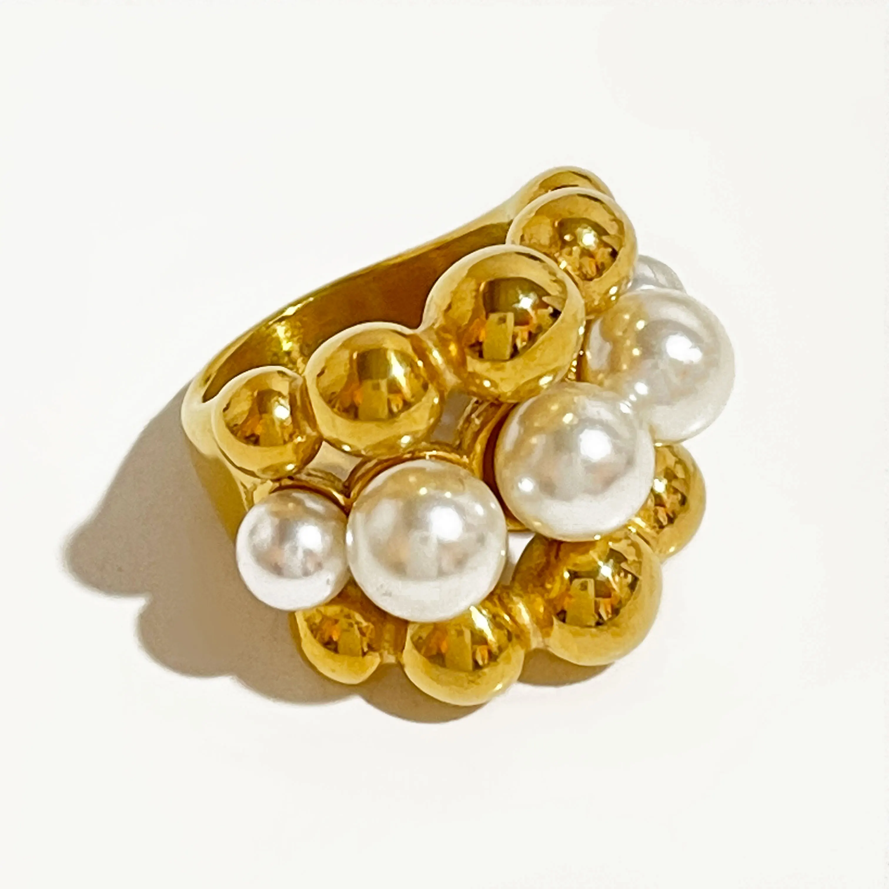 Peri'sbox Stainless Steel Chunky Gold Plated Ball Faux Pearls Ring Women Statement Big Large Rings Hyperbole Jewelry Waterproof