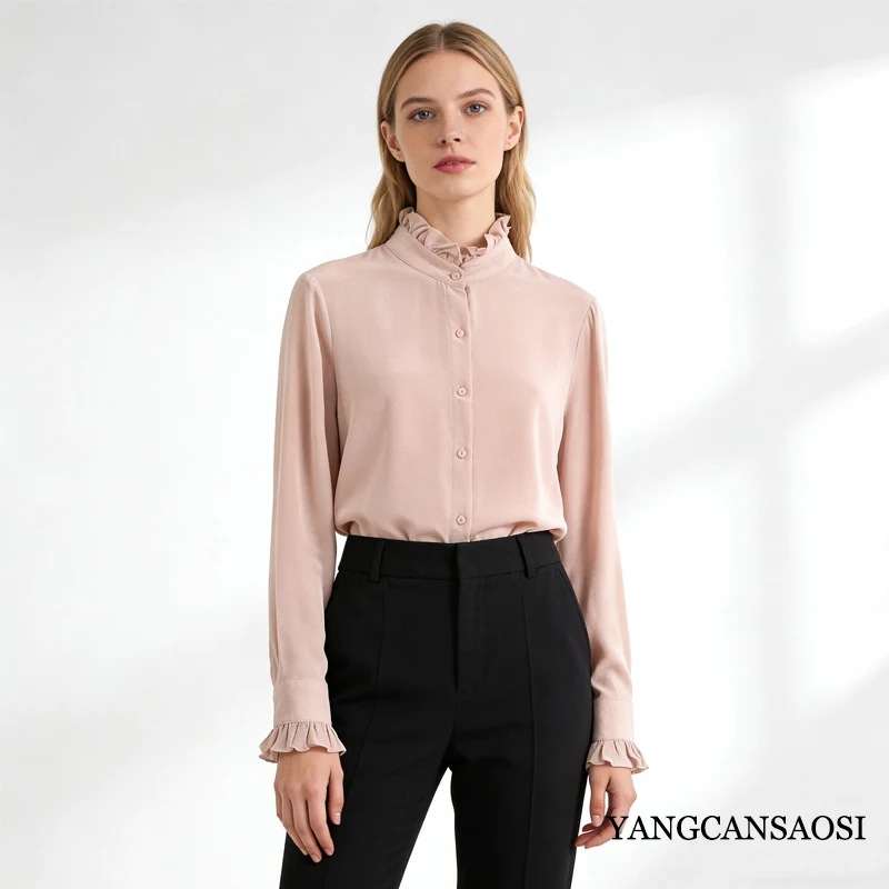 قميص نسائي ربيعي/خريفي جديد على طراز القصر 100% حرير التوت الطبيعي 03 كريب دي تشاين فرنسي سادة بأكمام طويلة وياقة بتلات
