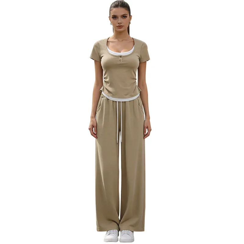 Customized LOGO women's fashion casual suit 2026 summer new fake two-piece top wide-leg pants sports two-piece set