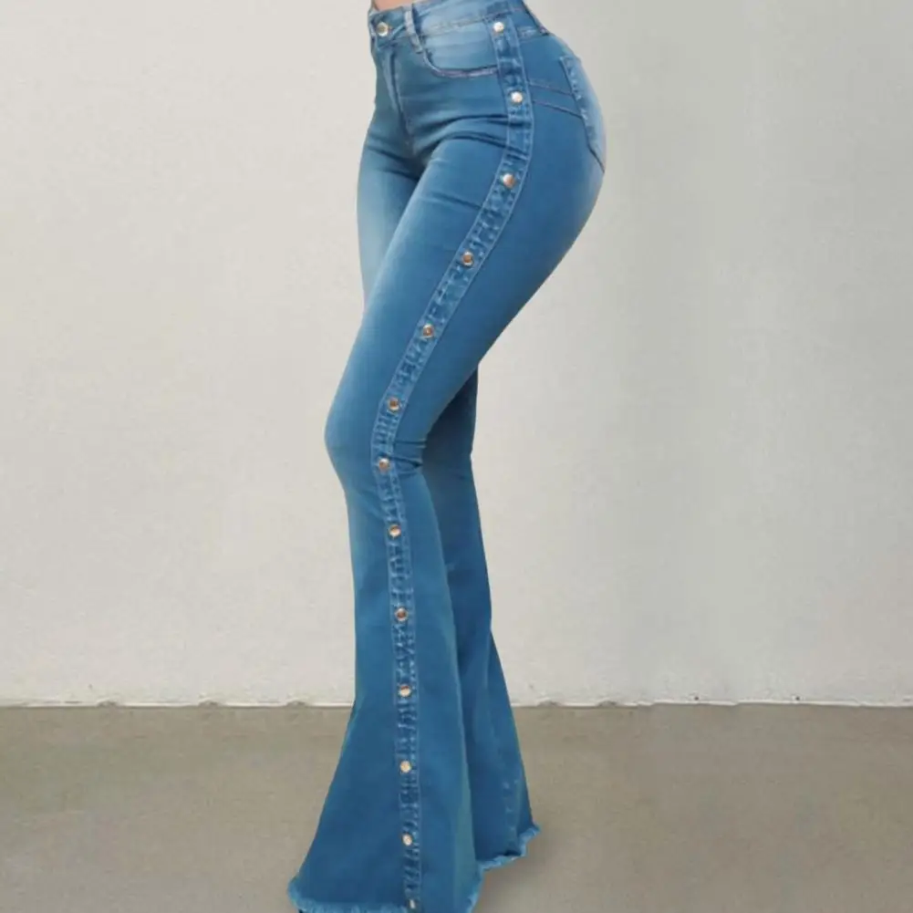 Denim Trousers  Multi Pockets   Flare Jeans Ladies Casual Flare Bottom Jeans Pants