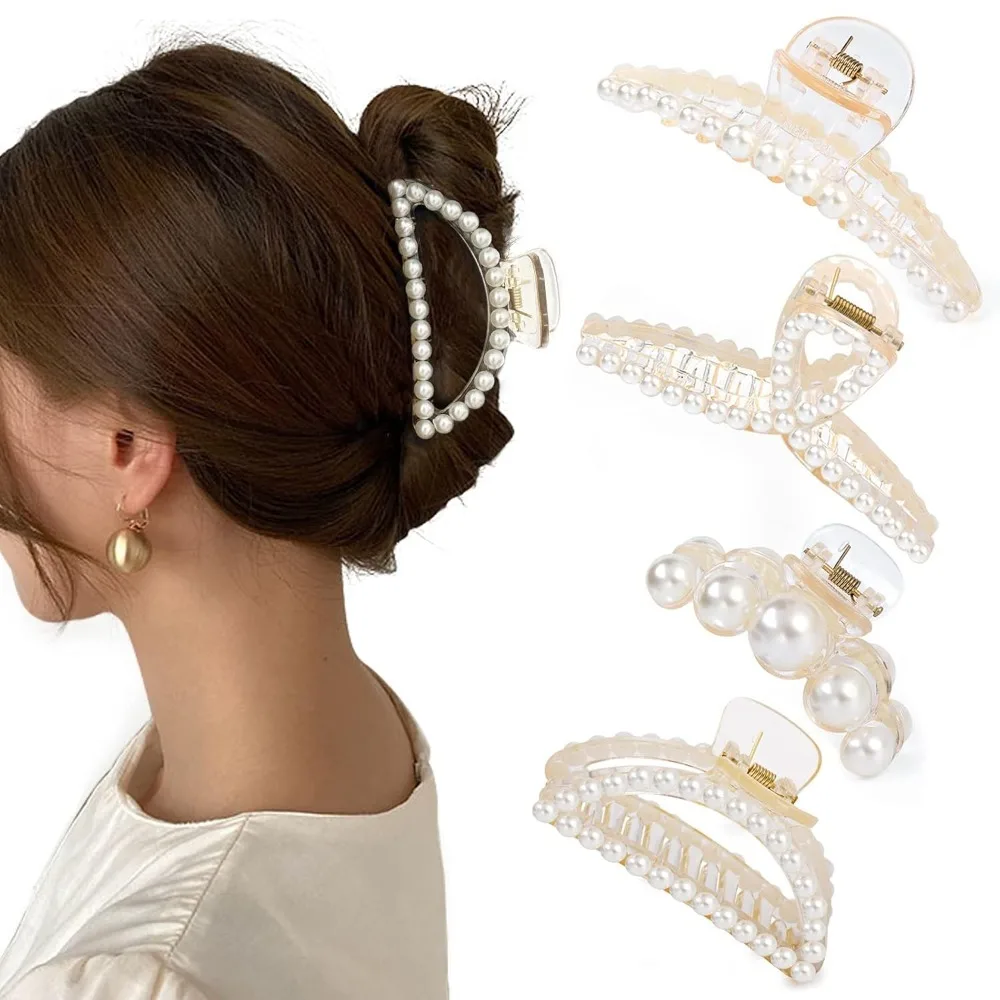 

4 PCS Large Pearl Hair Claw Clips Fashion Hair Barrette Clamps for Thick Thin Hair Styling Tools for Women Girls Party Wedding