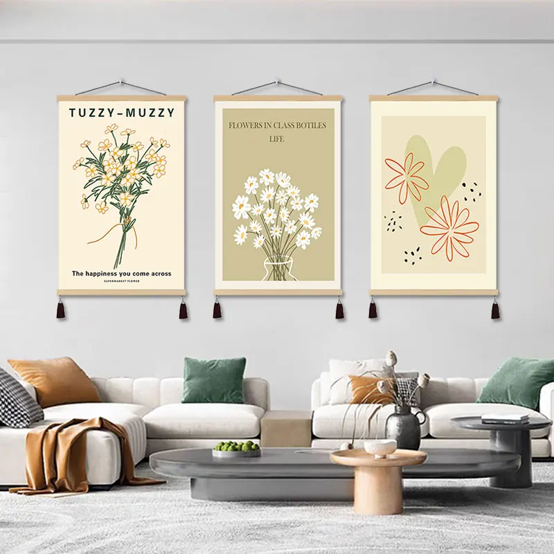 Wall Art Home Decor Minimalist Abstract Floral Painting Hanging Scroll Nordic Cream Wood Quote for Bedroom Living Room Office
