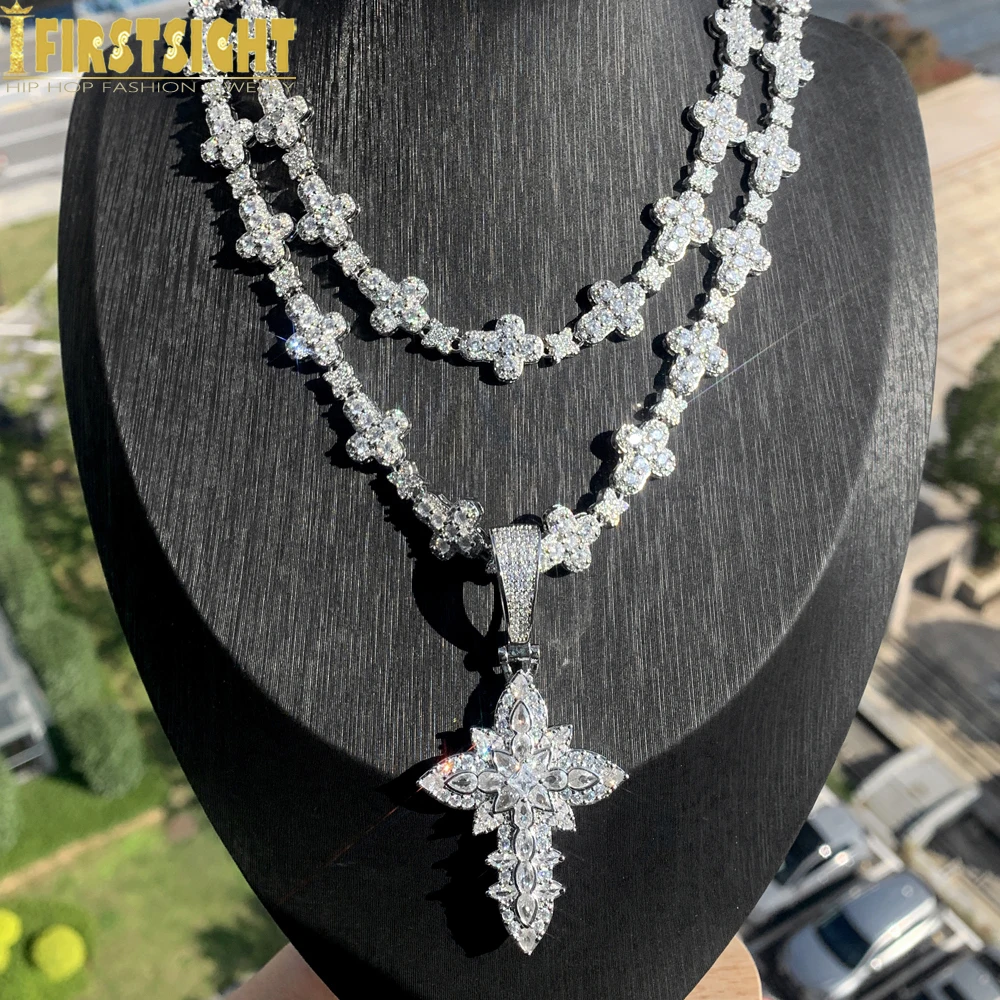 

2024 New Iced Out Flower Cross Necklace For Women Men Silver Color Prong Setting Cubic Zirconia Star Cross Chain Hip Hop Jewelry