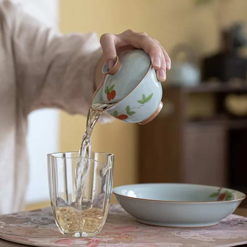 Hand-painted Two Cover Bowl Kung Fu Tea Set Ceramic Tea Bowl Home Single Tea Bowl New Chinese Underglaze Color Persimmon