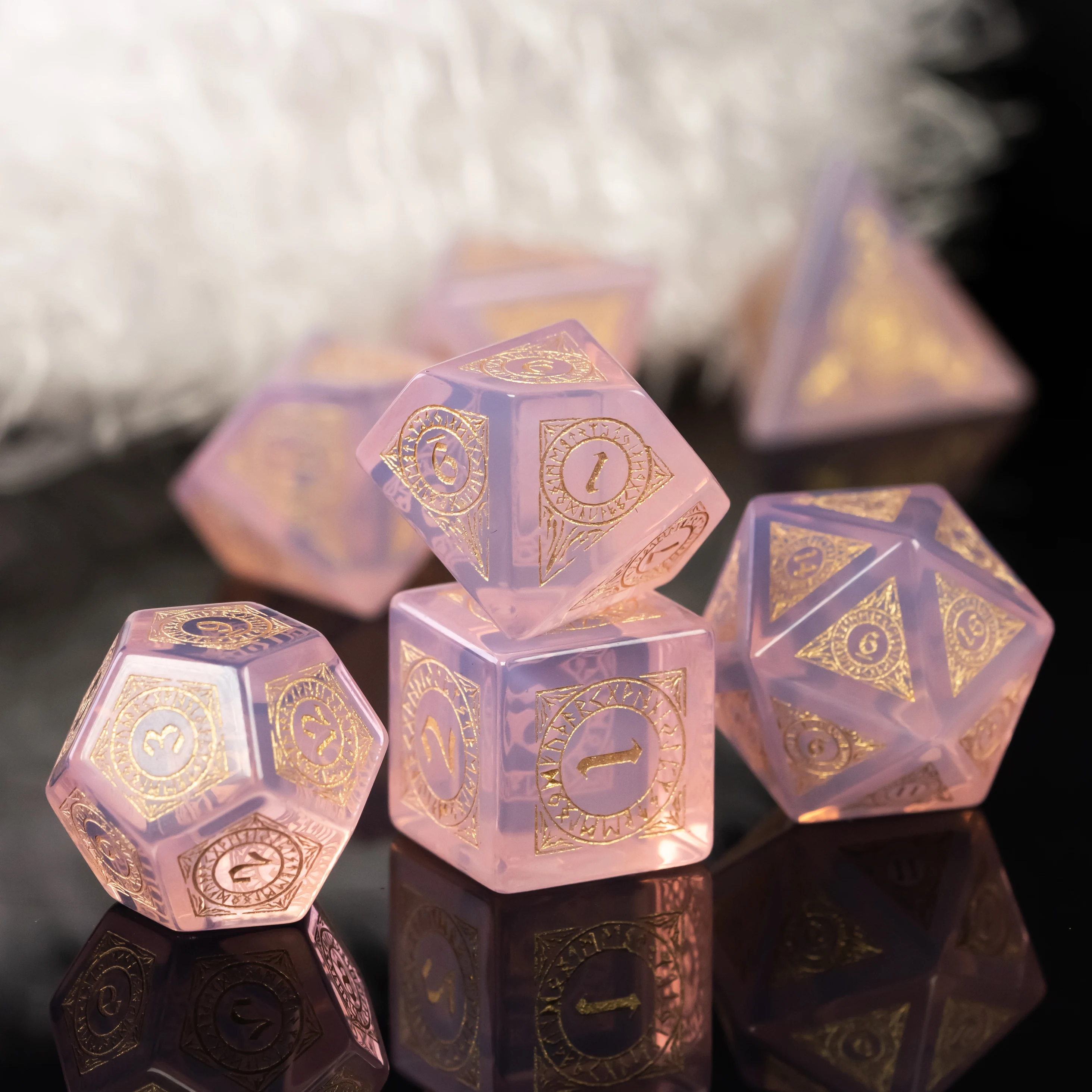 Cusdie Handmade Opal Stone Dice, 7Pcs 16mm Pattern Polyhedral Dice Set with Leather Box, Gemstone D&D Game Dices for Collection