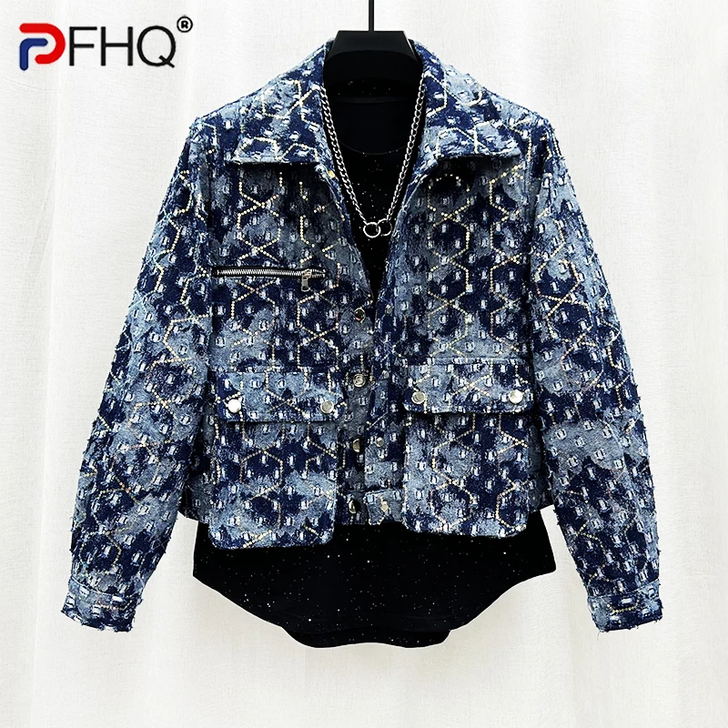 

PFHQ Sequin Light Luxury Denim Jackets For Men's Personalized High Quality Handsome Fashion Worn Out Vintage Autumn Coat 21Z2683