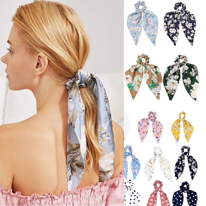 الأزهار طباعة Scrunchies الشريط الطويل ذيل حصان وشاح الشعر التعادل Scrunchies للنساء الفتيات مرونة العصابات الشعر إكسسوارات الشعر Gitf #1