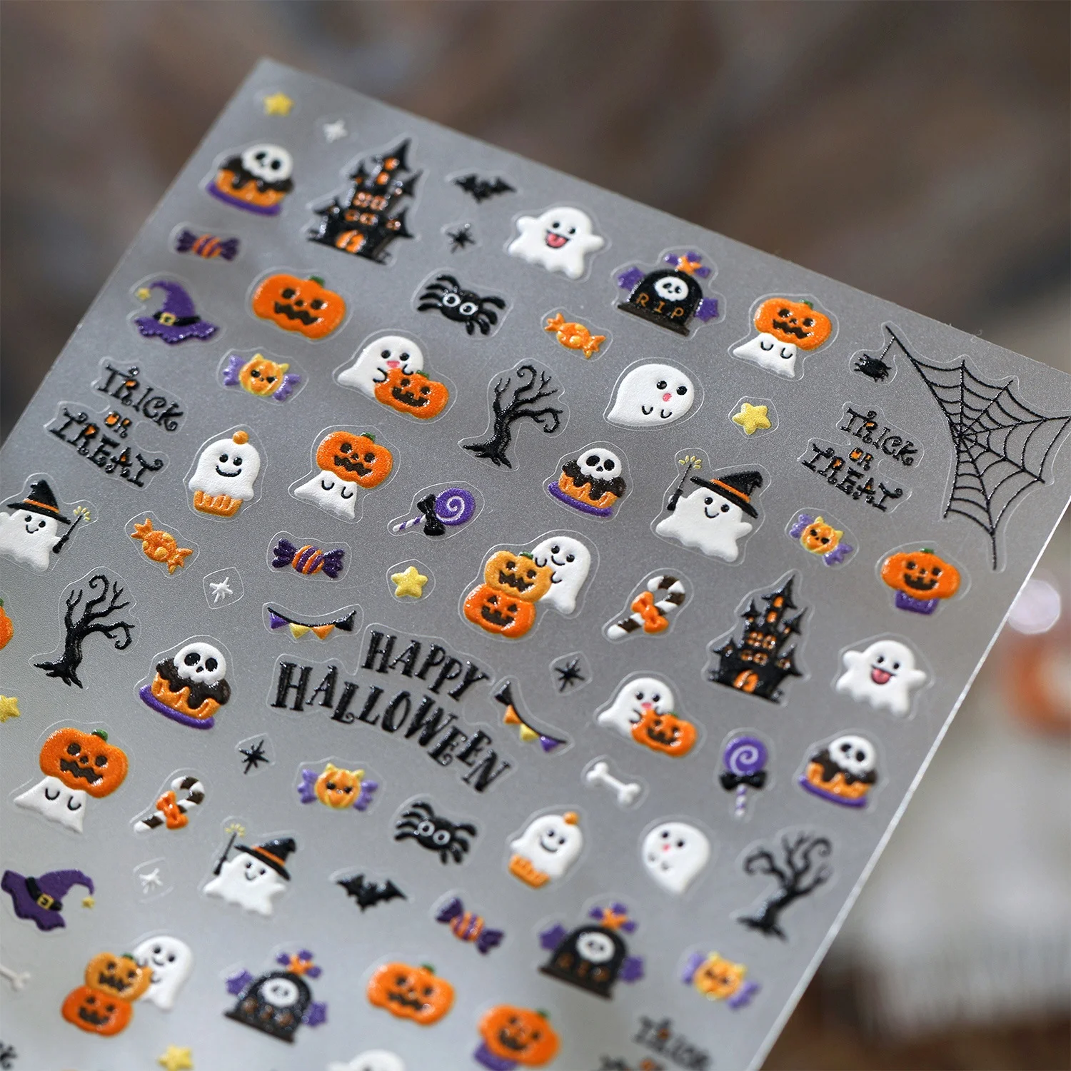 Cartoon Halloween 5D Nagelaufkleber Kürbis Geist Hexenhut Dunkles Schloss Spinnennetz Toter Baum TRICK OR TREAT Selbstklebende Aufkleber