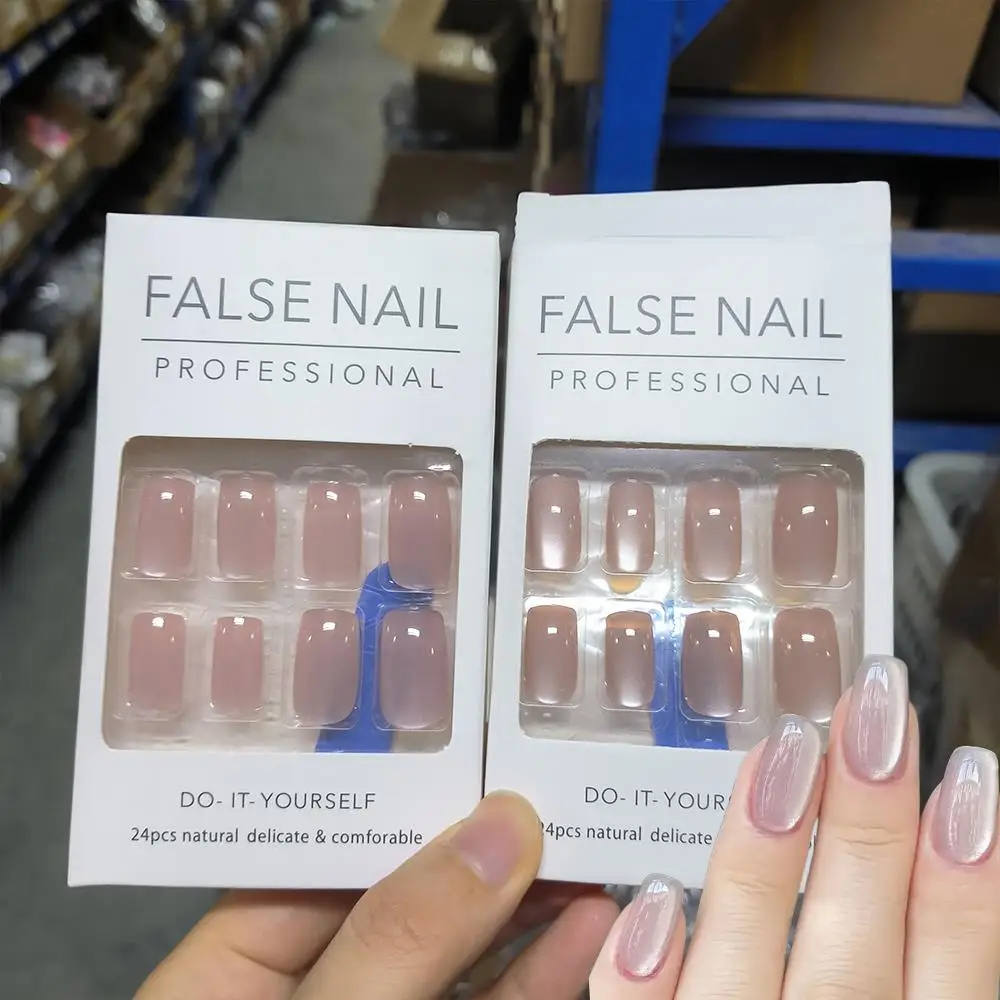 24 pièces brumeux bleu oeil de chat presse sur ongles court carré hiver noël faux ongles avec 1 gelée autocollants et fil de noël faux doigt