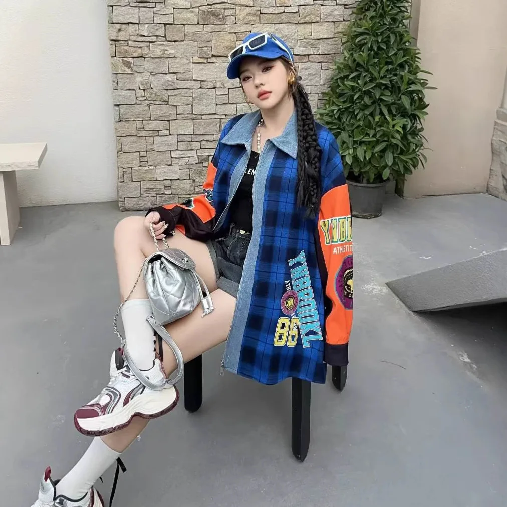 Fashion Casual Loose Letter Print Plaid Long Sleeve Shirt Women 2025 New Autumn Color Block Design Outerwear Trendy Coat
