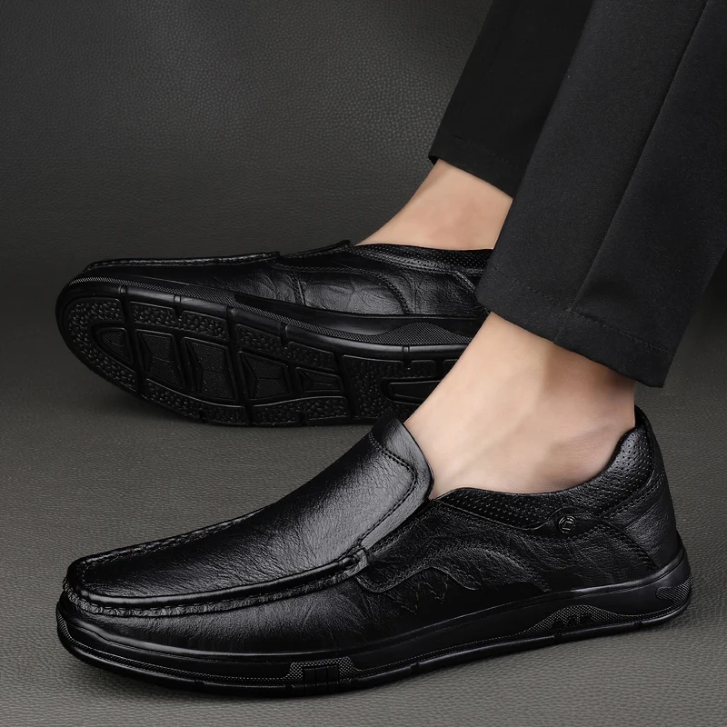 Men Genuine Leather Shoes Men Spring Loafers Slip on Business Casual Leather Shoes Classic Breathable Flats Shoe