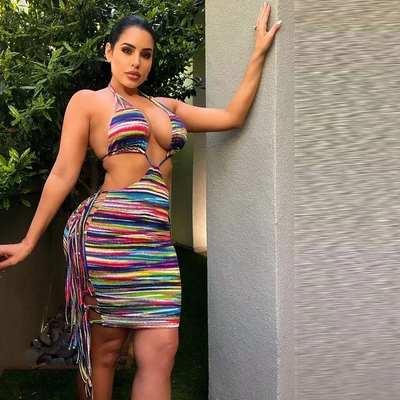 Guwu-ミニドレス,ホルターネック,フリンジ,ホルターネック,ホルターネック,ホルタートップ,リーフプリント,タイト,ビーチウェア,パーティークラブドレス,新しいファッション