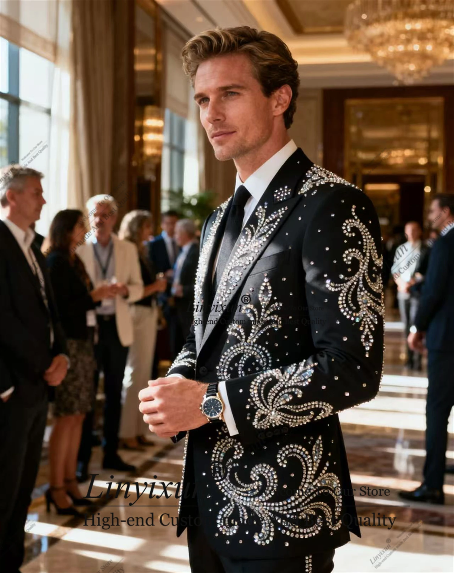 

Элегантный мужской костюм с драгоценными камнями и кристаллами, свадебные смокинги по индивидуальному заказу, комплекты из 2 предметов, мужские пиджаки для жениха, приталенные двубортные Ropa hombre