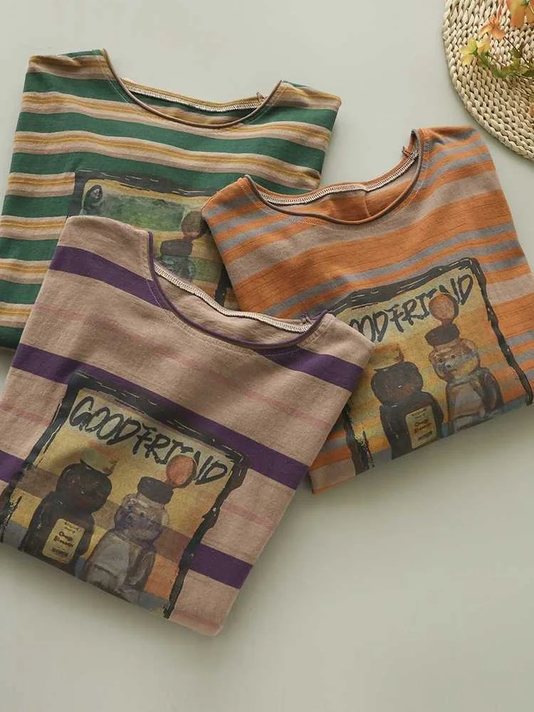 تي شيرت نسائي مخطط من القطن الخالص ort Sve مطبوع فضفاض أمريكي Sle توب عصري ماركة أزرق مقاس كبير ريترو كوموت...