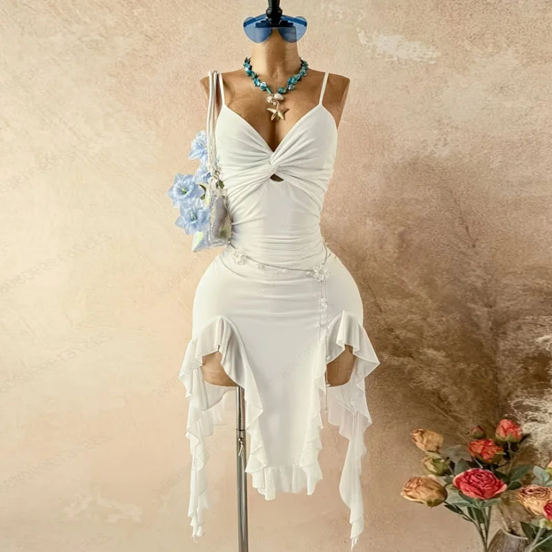 Kleider für Damen, modisches Sommerkleid mit Spaghettiträgern, asymmetrisches weißes Faltenkleid für Damen, Vestidos De Verano Mujer Q4701