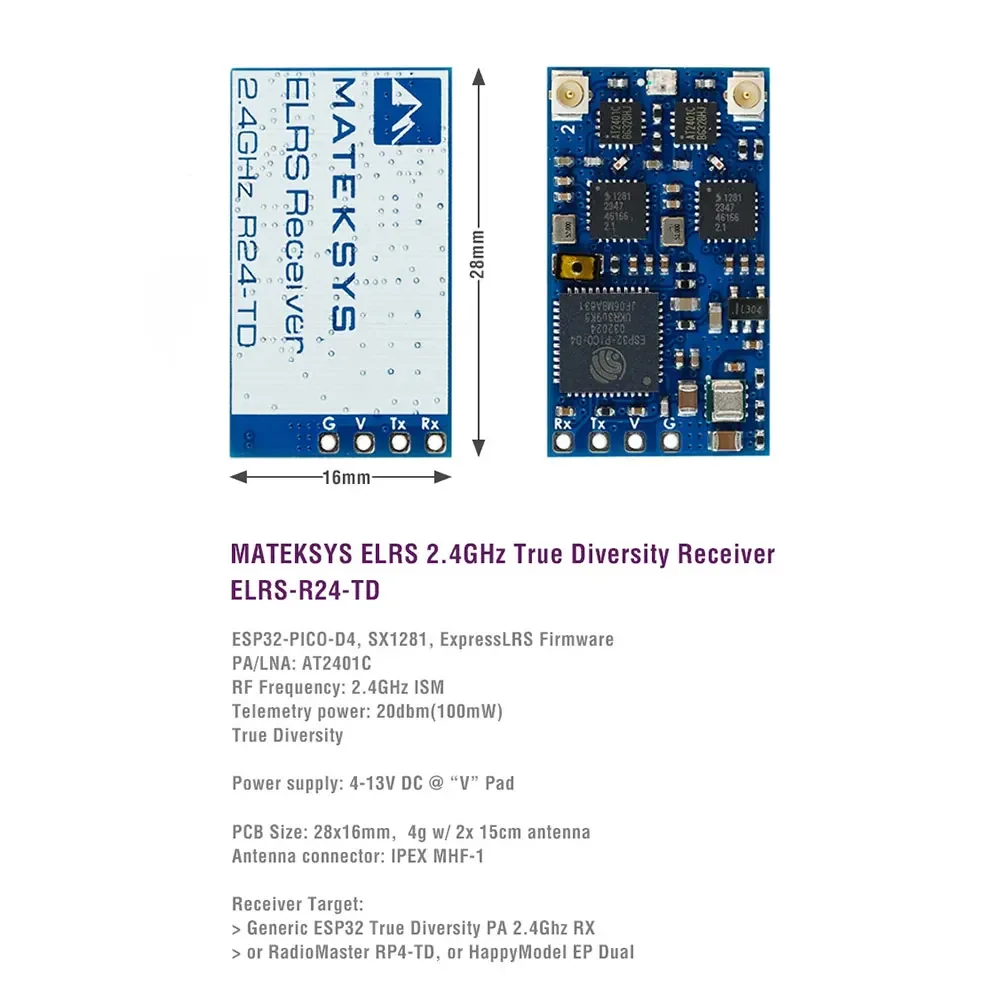 MATEK EXPRESSLRS 2.4GHZ TRUE DIVERSITY RECEIVER R24-TD ELRS RX 100mW ESP32-PICO-D4, SX1281 For FPV Racing Drone