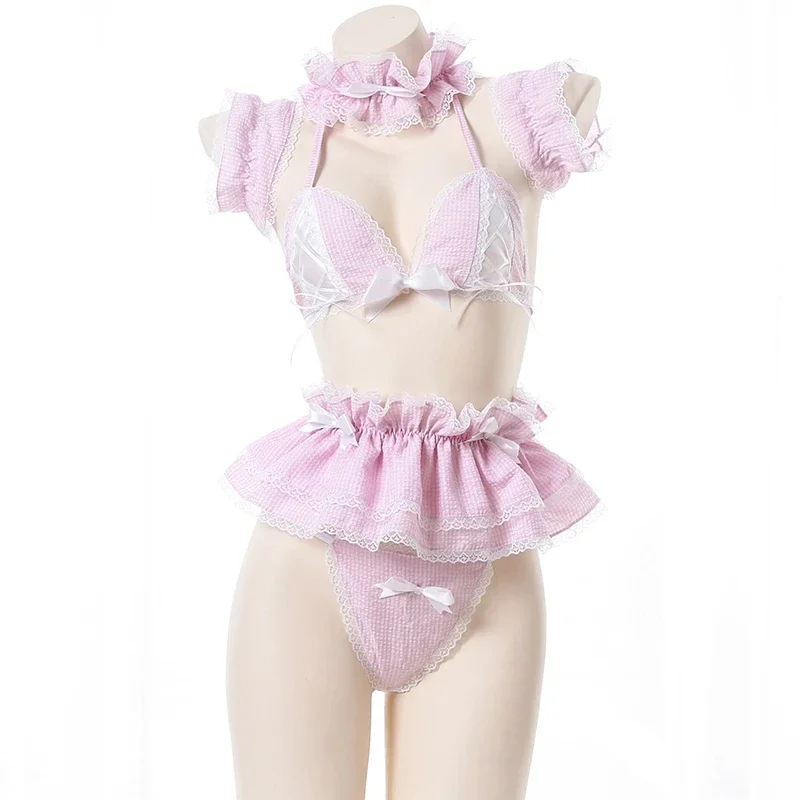 

Anime Maid Cosplay Costume Pink Lace Bra PantiesMini Skirt Outfits Cute Lolita Uniform Student Role Play Sexy Lingerie