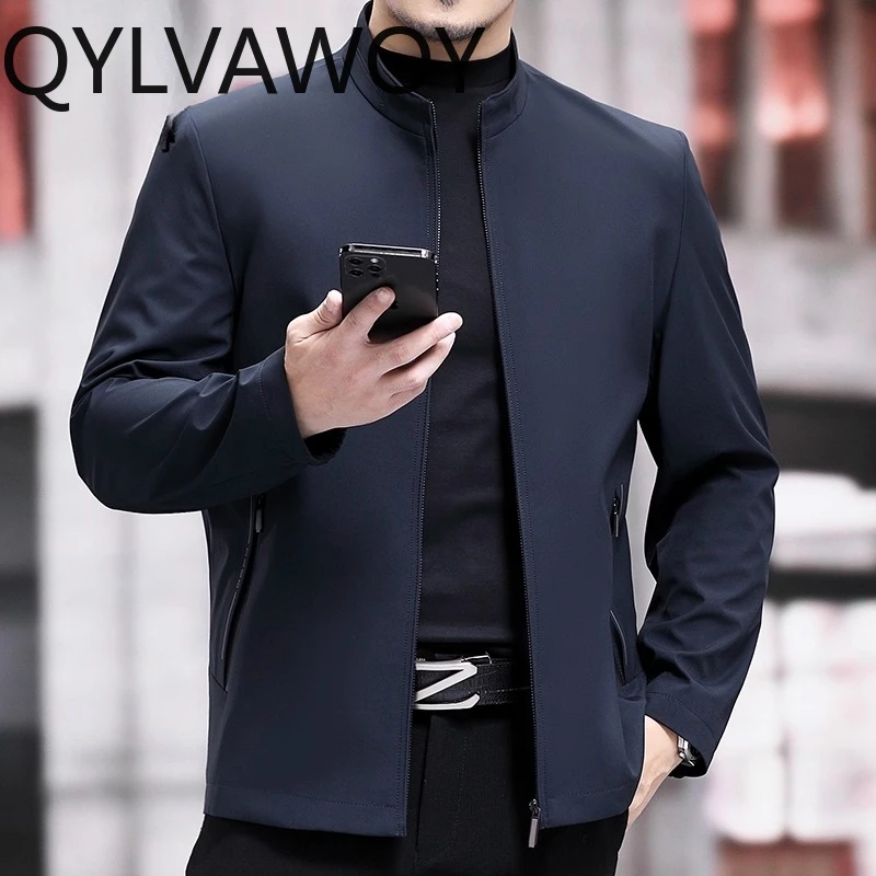 QYLVAWOY 100% Polyester Spring Autumn Stand Collar Jacket Casual Top Lightweight Middle-Aged Men's Versatile Outerwear LJ2158