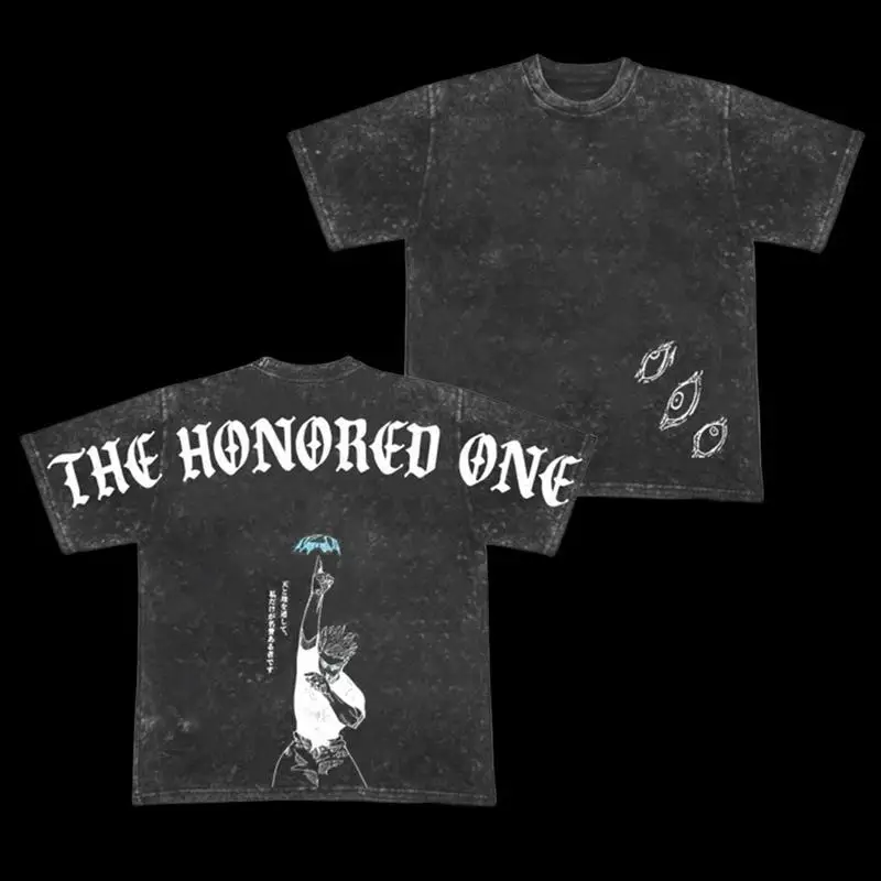 

Retro Heavy Gojo Satoru THE HONORED ONE Jujutsu Kaisen Anime Double Printed Vintage Washed Tee Unisex Oversize Anime Manga Was