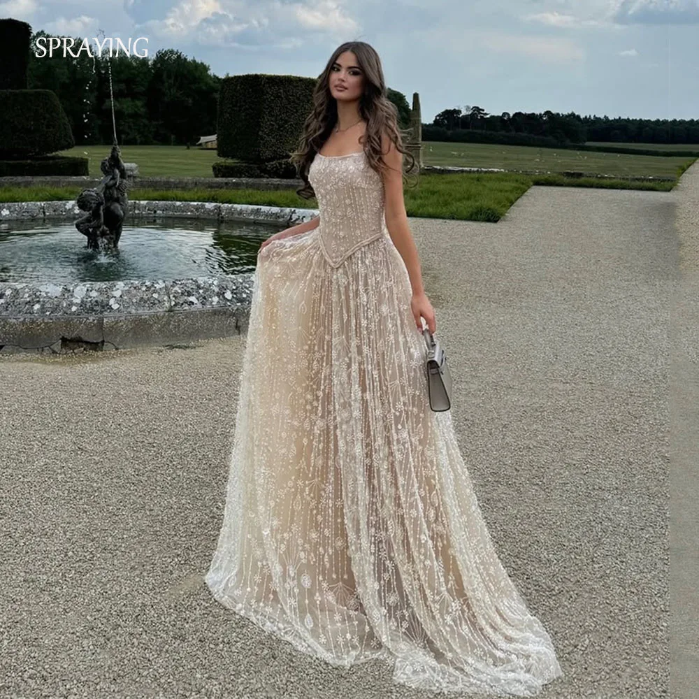 

SPRAYING Luxury Beading Lace Evening Dresses Strap Square Collar Party Dress A line Floor Length Formal Occasion Dresses 2025